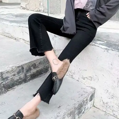 微喇叭裤女毛边韩版学生黑色弹力牛仔裤女高腰修身显瘦九分阔腿裤
