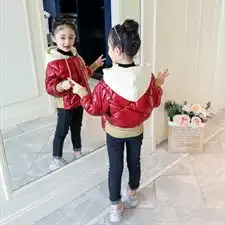 拼色连帽系带女童2018冬季棉衣外套百搭潮流休闲修身亮面
