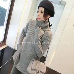 韩国新款开叉宽松加厚灰色高领毛衣女
