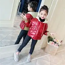 拼色连帽系带女童2018冬季棉衣外套百搭潮流休闲修身亮面
