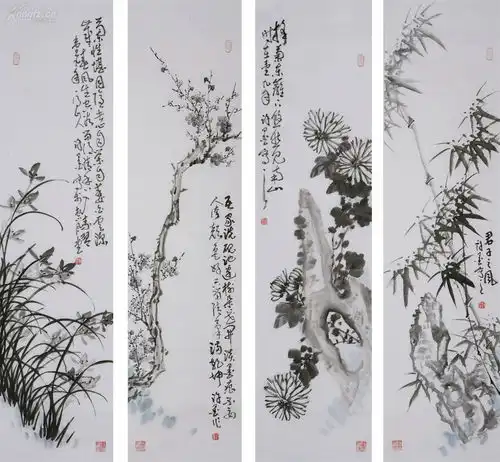 著名画家许墨水墨梅兰竹菊四条屏

