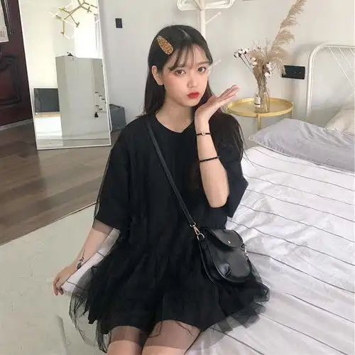 夏季韩版少女日系学生可爱中长款网纱连衣裙仙女裙百搭娃娃高腰裙

