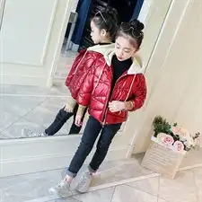 拼色连帽系带女童2018冬季棉衣外套百搭潮流休闲修身亮面
