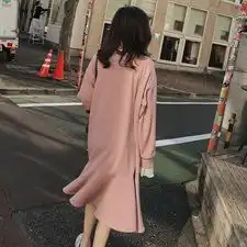 拼接袖粉色打底连衣裙卫衣裙少女甜美裙子
