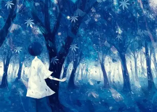 安静的蓝色调,唯美治愈二次元插画
