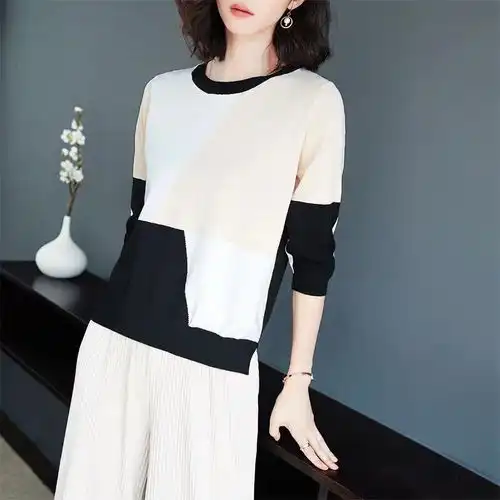 冰丝针织衫女短款圆领宽松七分袖2020春夏新款女装套头拼色上衣女
