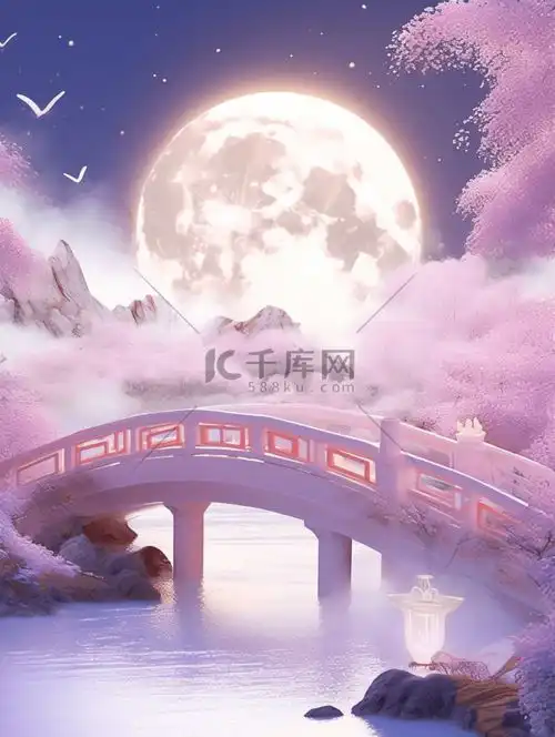 七夕情人节3d拱桥背景凉亭粉色系插画图片千库网
