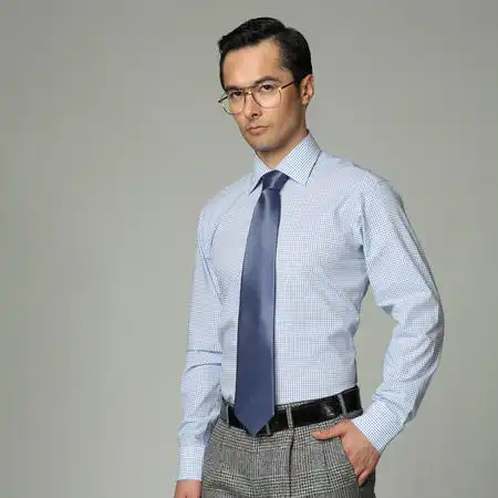 kool男装蓝色白色小方格修身款长袖衬衫10100201001
