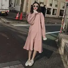 拼接袖粉色打底连衣裙卫衣裙少女甜美裙子
