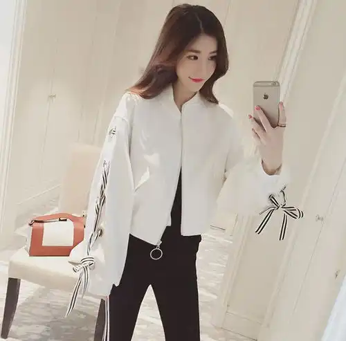 时尚个性系带长袖宽松外套女短款学生开衫棒球服
